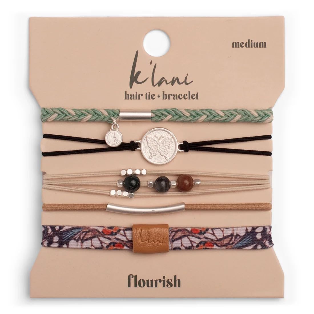 K'lani Flourish Hair Tie Bracelets front view with five colour-coordinated bands