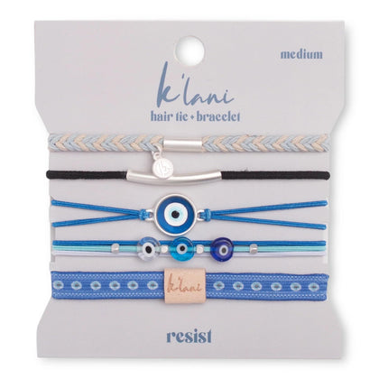 K'lani Resist Hair Tie Bracelets in assorted colours, displayed on a white background