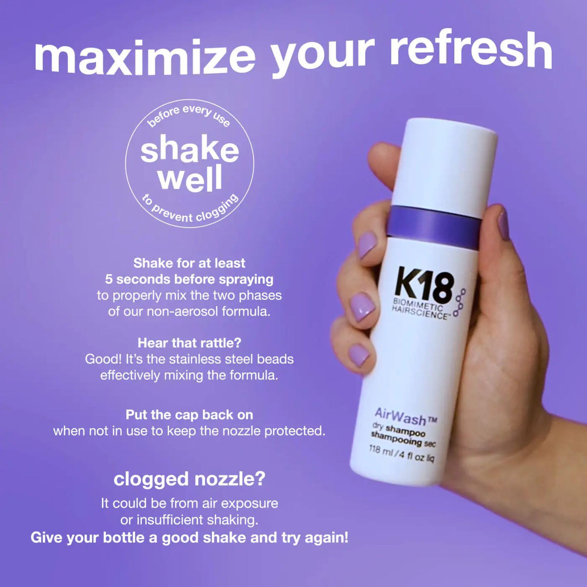K18 AirWash Dry Shampoo Spray packaging details
