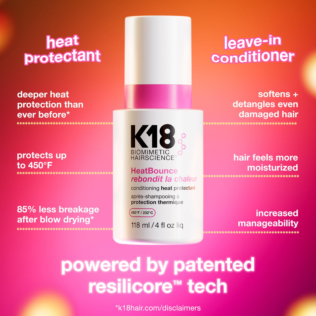 K18 HeatBounce Conditioning Heat Protectant Spray bottle back view