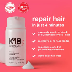 K18 Leave-In Molecular Repair Hair Mask back view with instructions