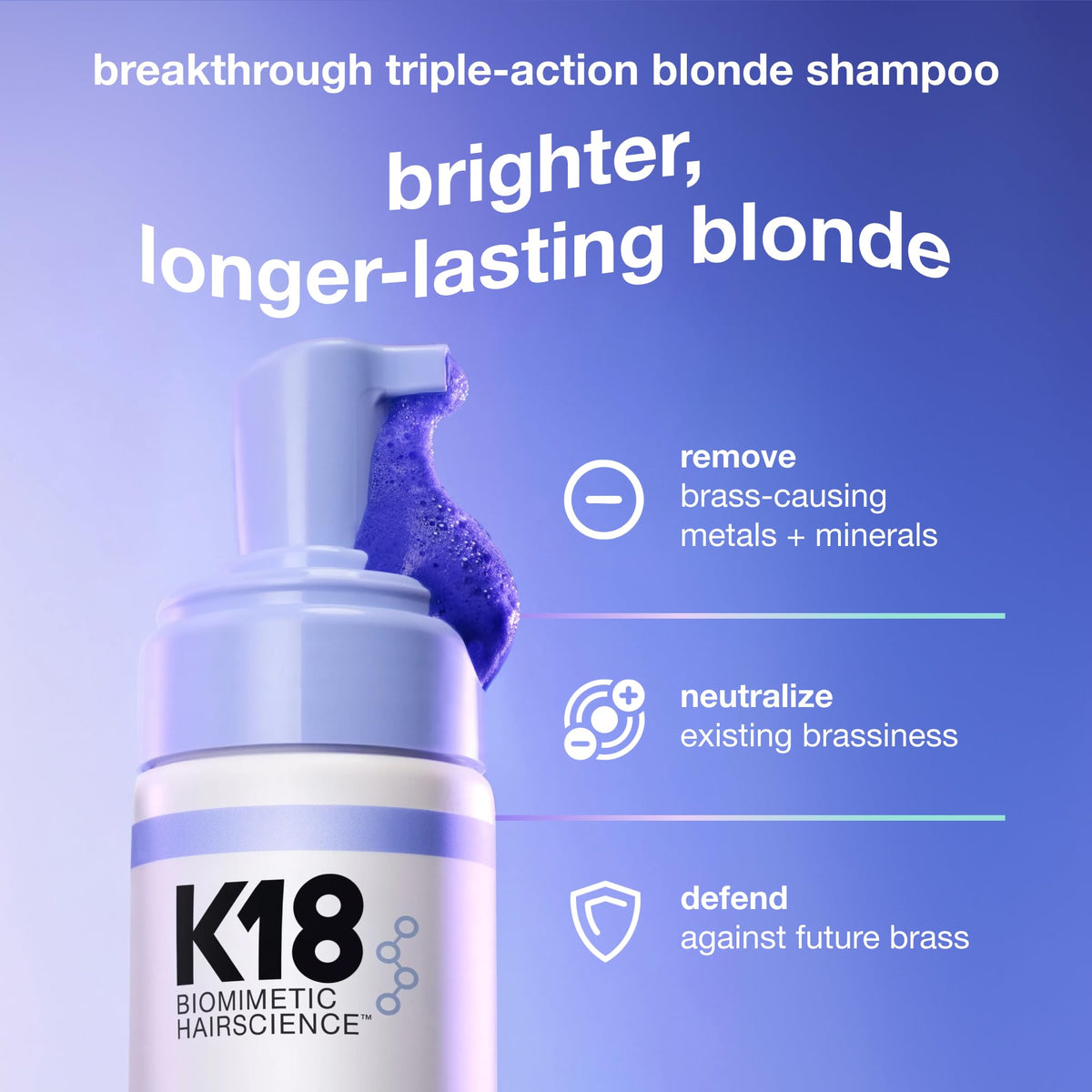 K18 TripleBright Purple Shampoo foam application on hair
