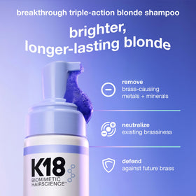 K18 TripleBright Purple Shampoo foam application on hair
