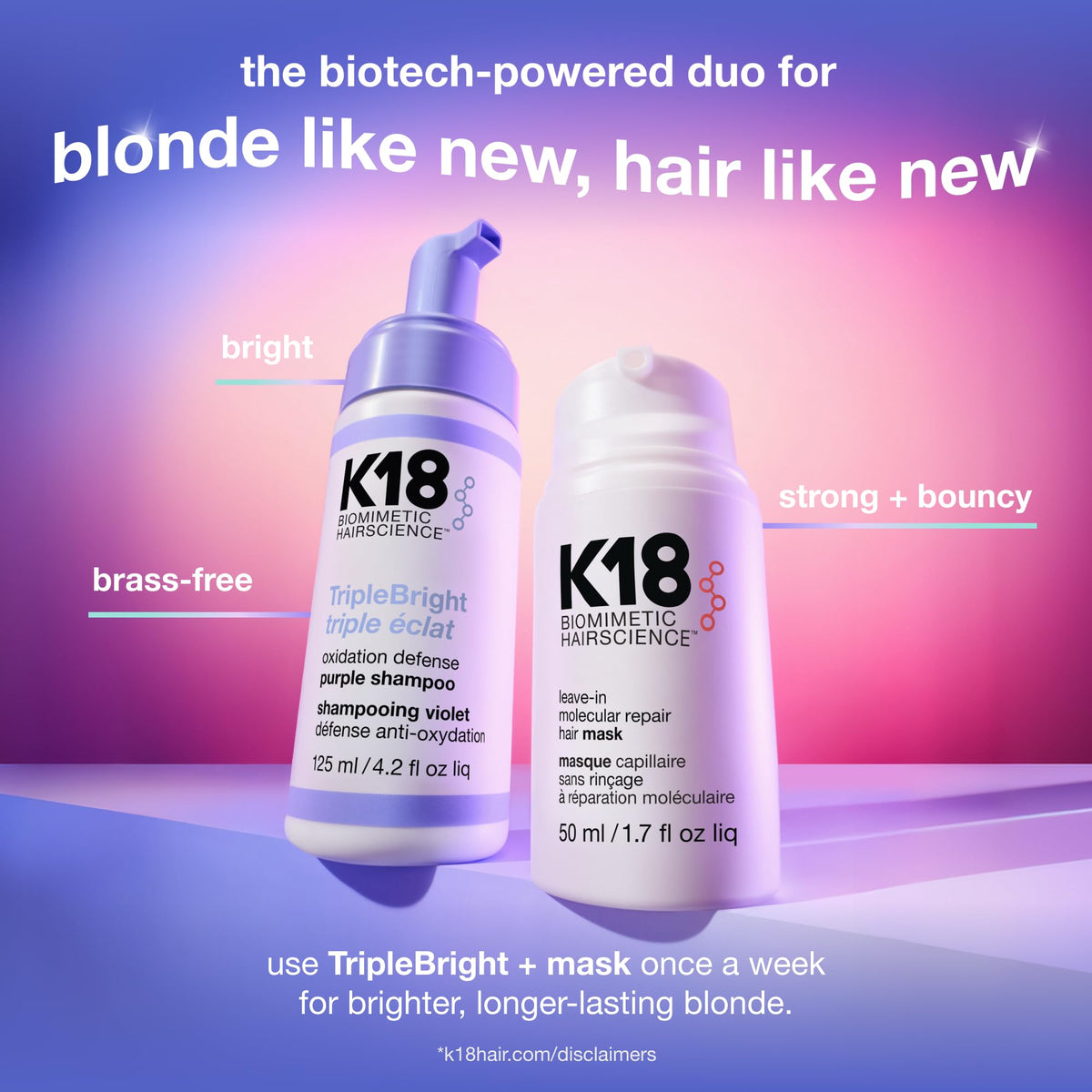 K18 TripleBright Purple Shampoo with other hair care products