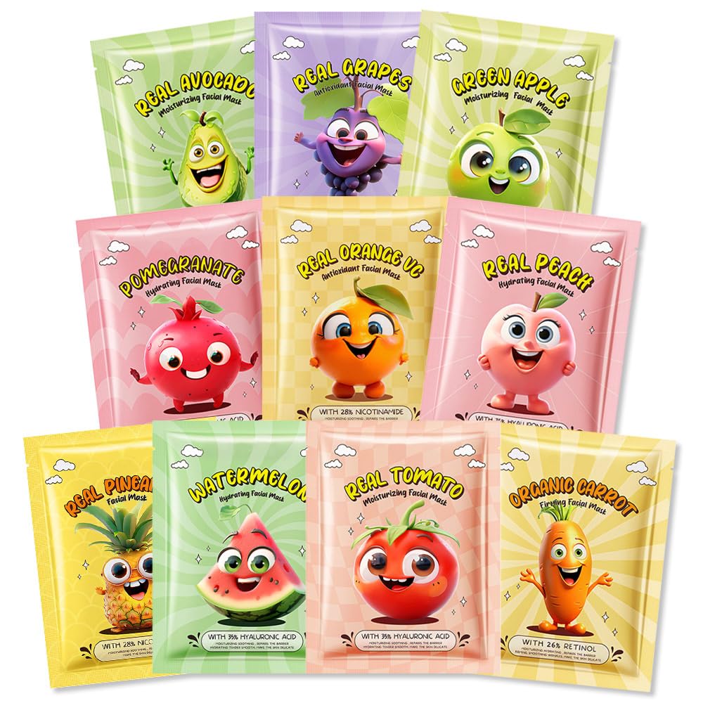 Kaely 10 Pack Fruit Face Masks assorted designs