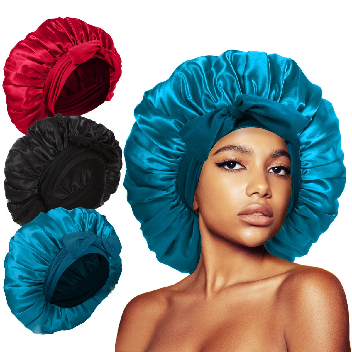 Kafteri 3Pcs Satin Silk Bonnets in black, front view