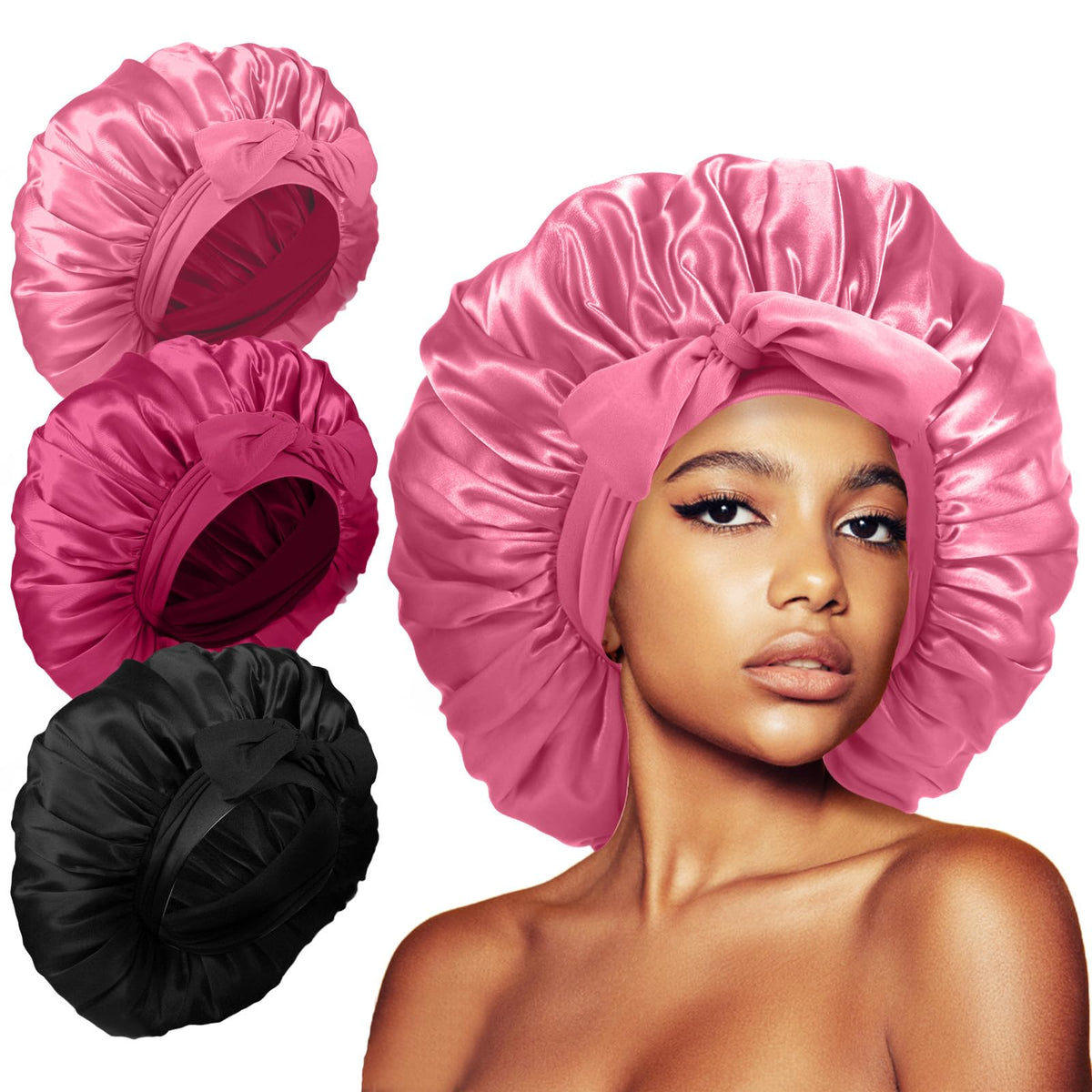 Kafteri 3Pcs Silk Satin Hair Bonnets in assorted colours