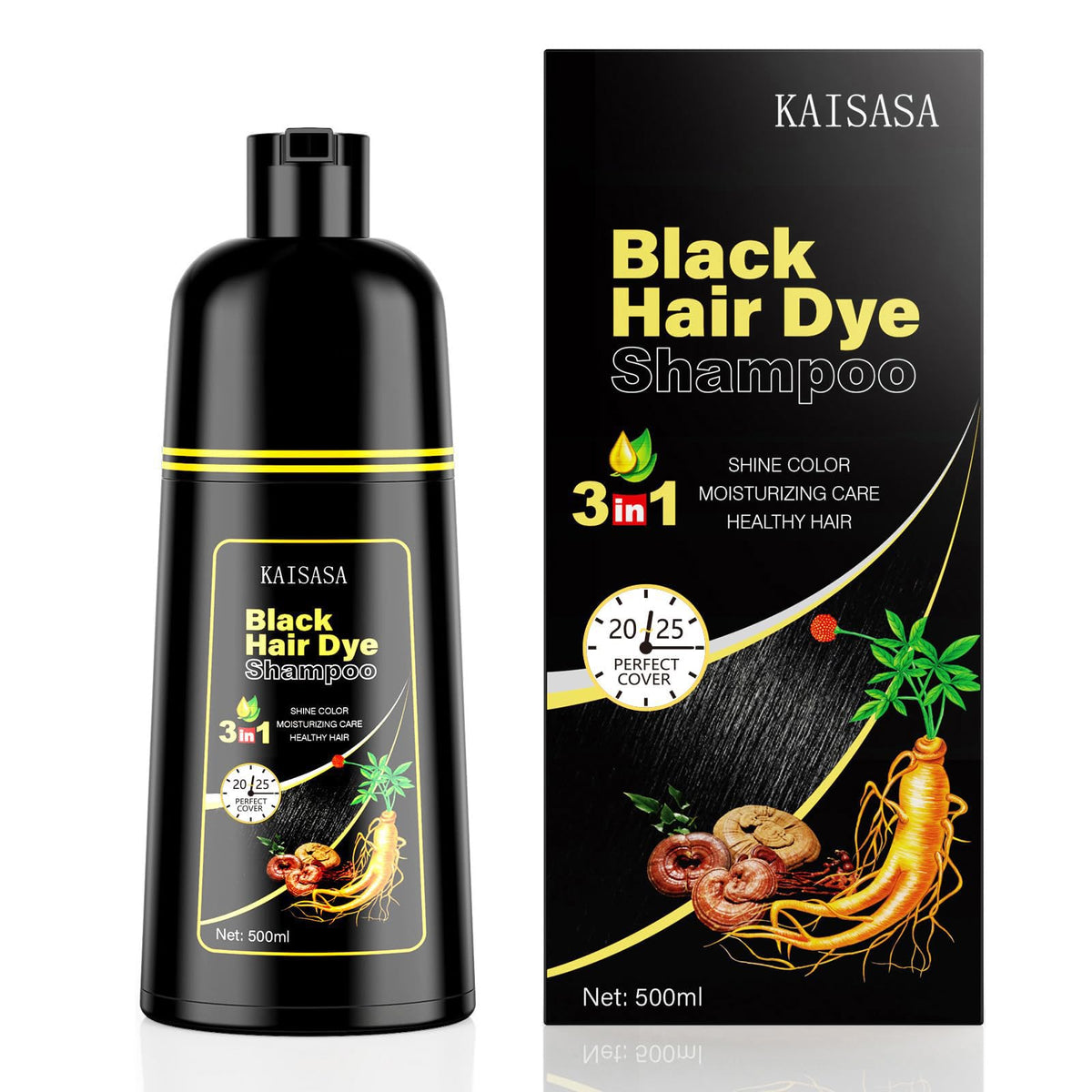 KAISASA Black Hair Dye Shampoo 3 in 1 front view with packaging