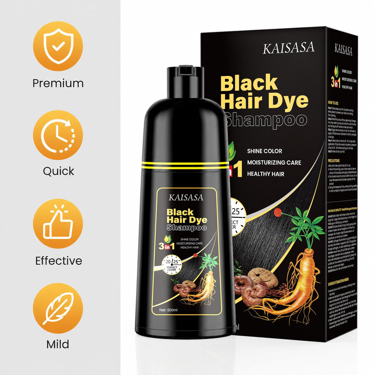 KAISASA Black Hair Dye Shampoo 3 in 1 product size comparison