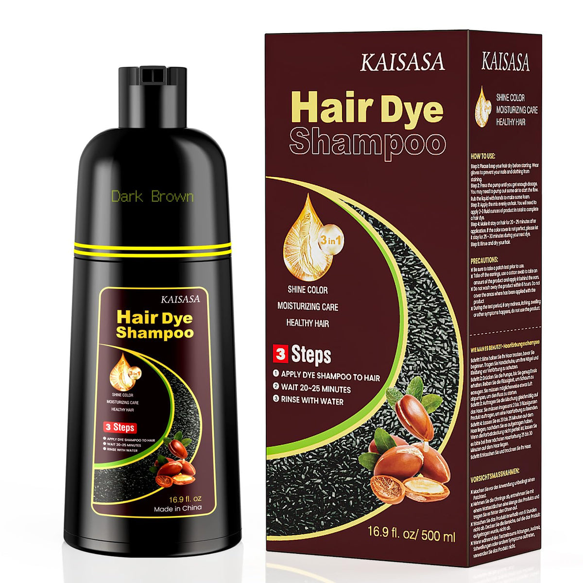 KAISASA Dark Brown Hair Dye Shampoo front view with packaging