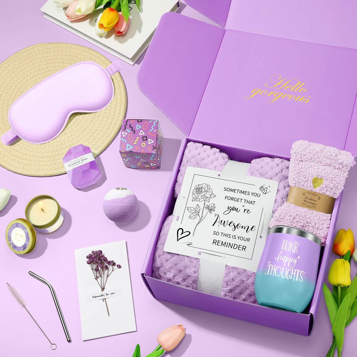 Kalokey Spa Gift Basket featuring luxurious flannel blanket and silk eye mask