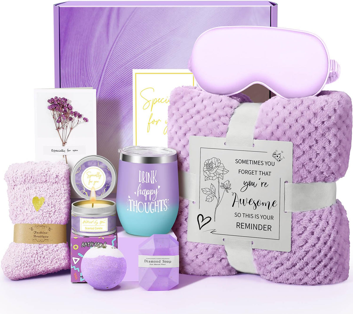 Kalokey Spa Gift Basket Set with lavender scented candle and bath bomb