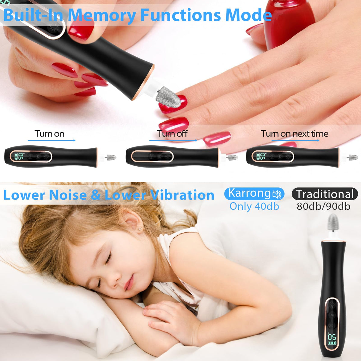 Karrong electric nail file with storage bag and accessories