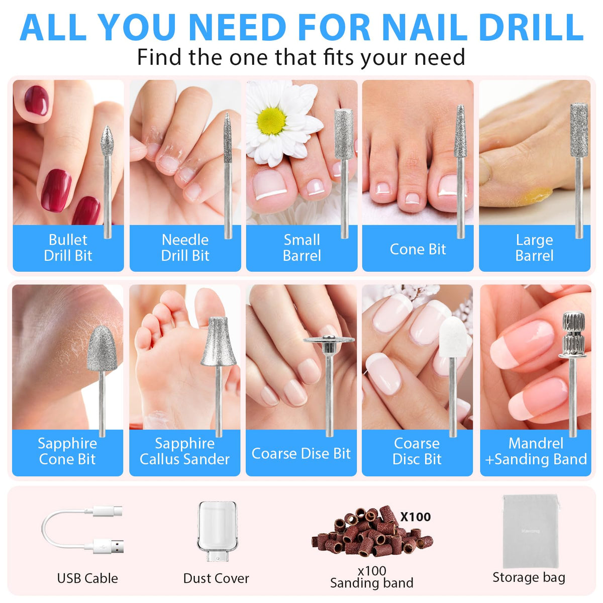 Karrong nail drill kit with various stainless steel drill bits