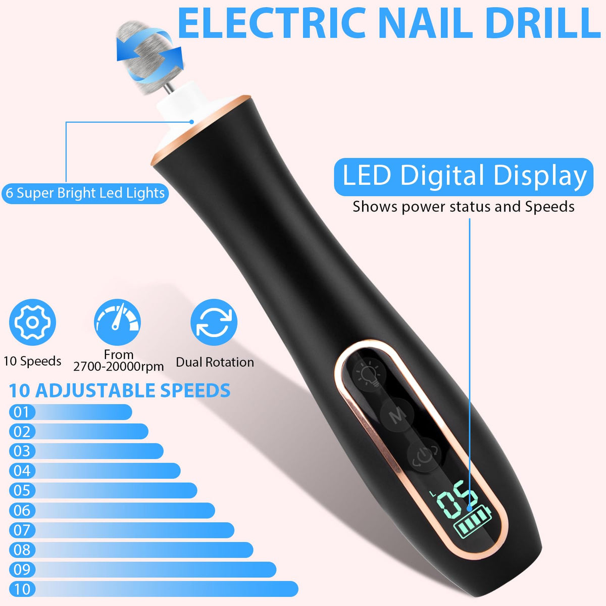 Karrong nail drill showing LCD display and speed settings