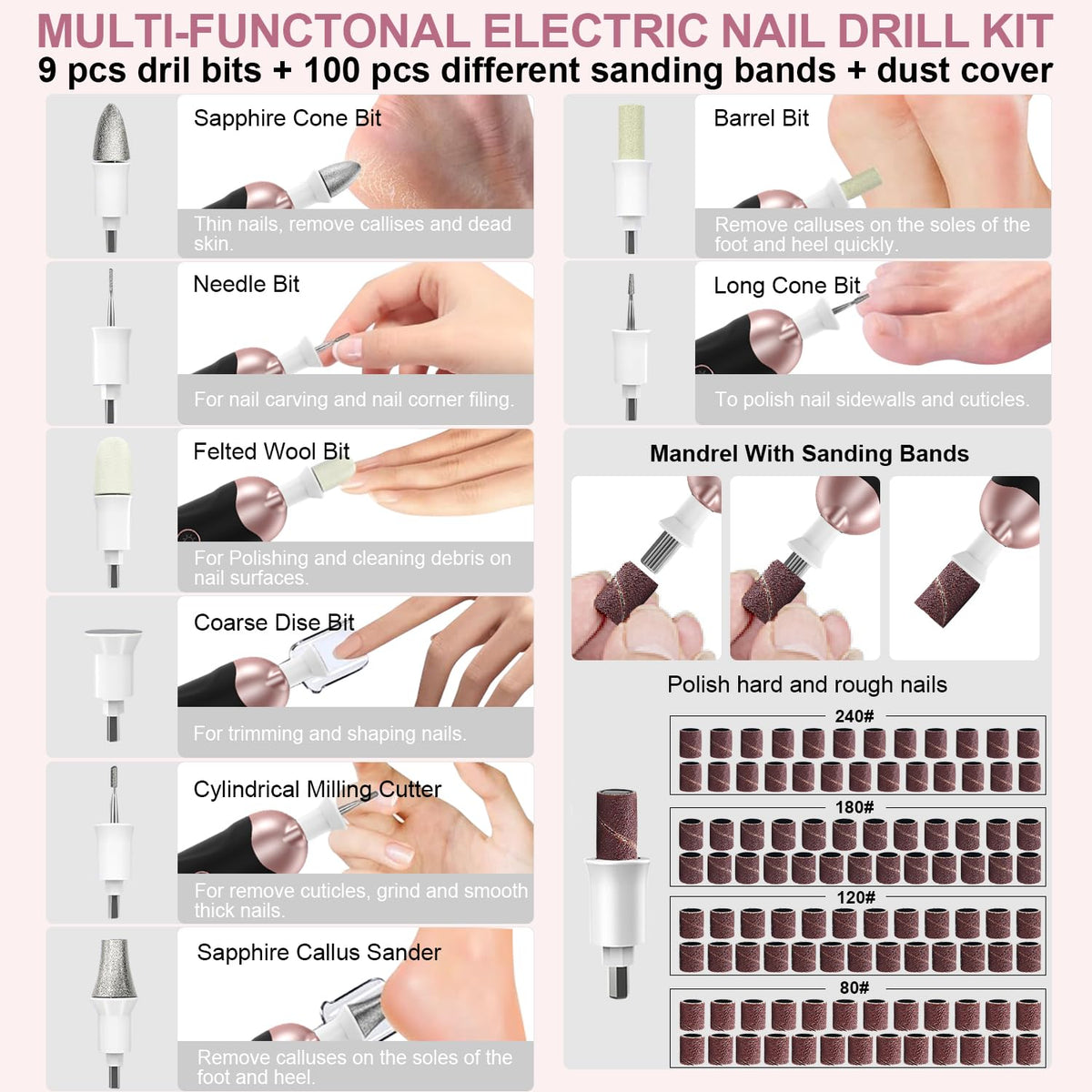 Karrong nail drill with various sanding bands and bits