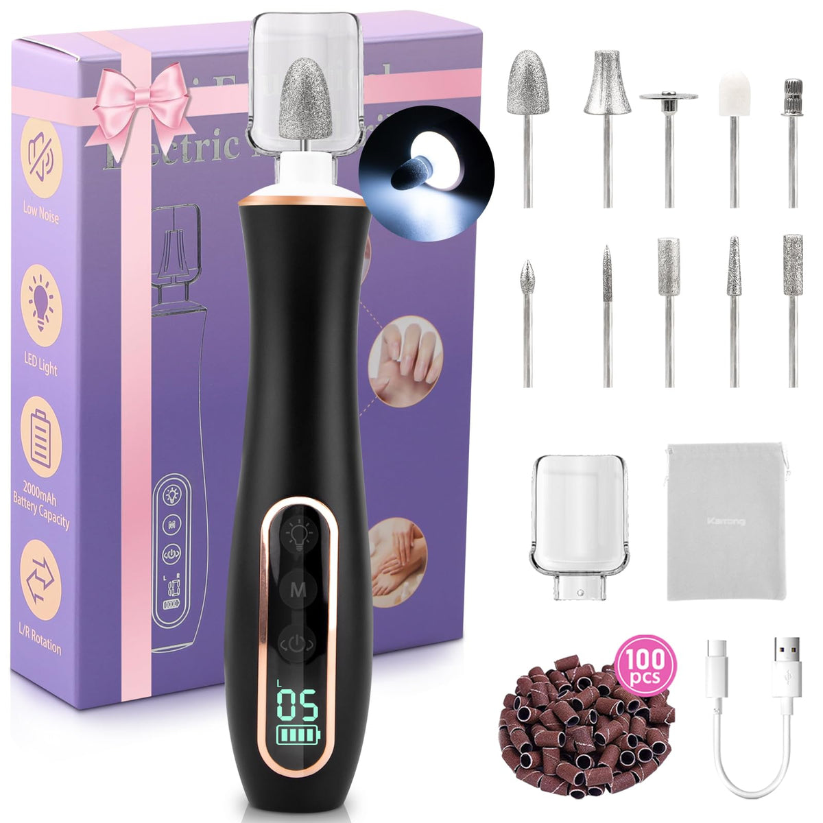 Karrong Professional Manicure Pedicure Kit with 360° LED light