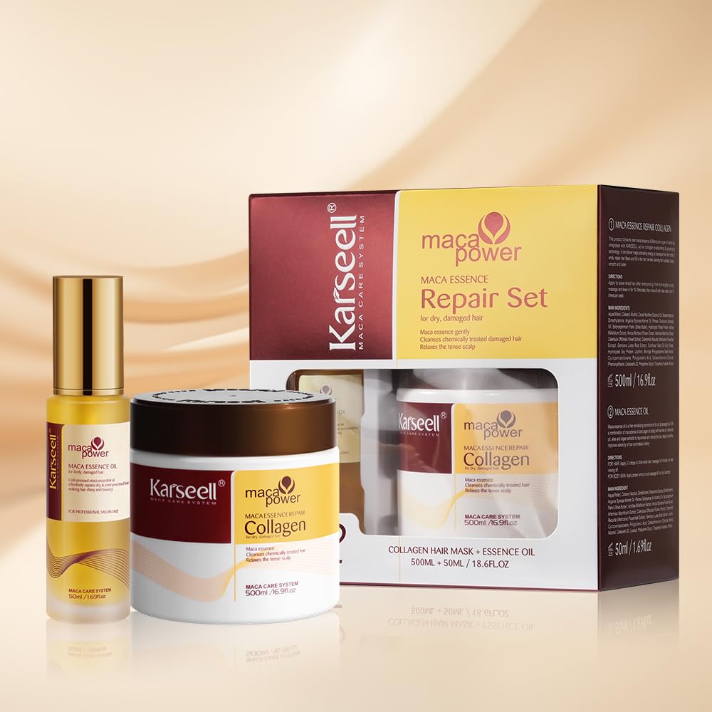 Karseell Collagen Hair Mask and Argan Oil set on a wooden table