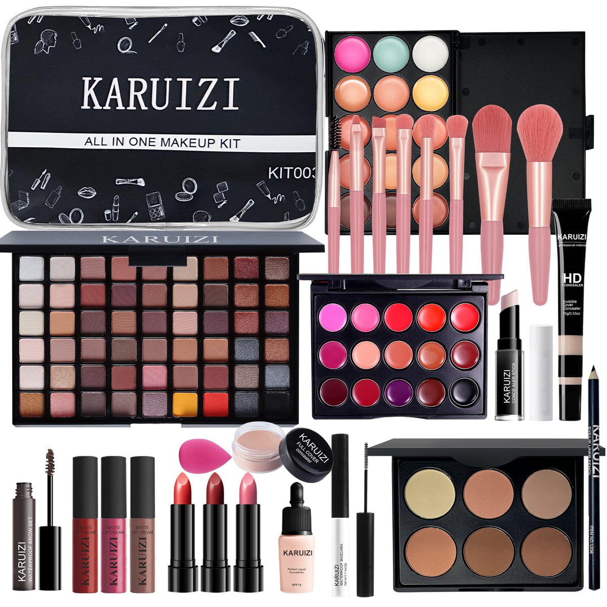 KARUIZI full makeup kit arranged on a vanity