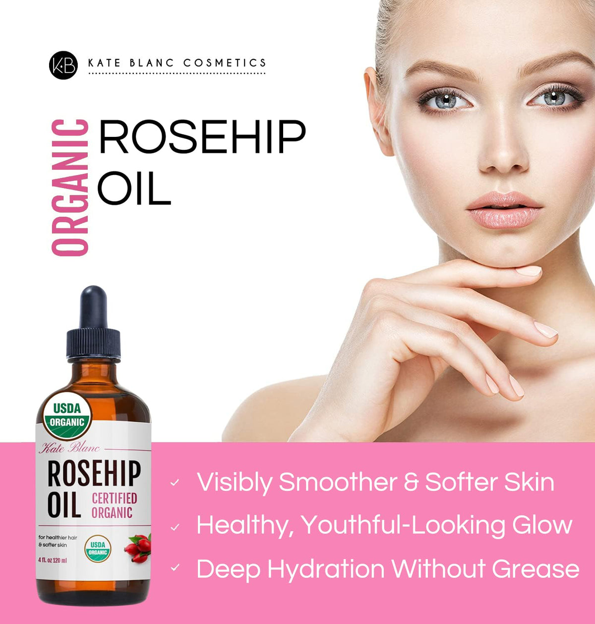 Kate Blanc Rosehip Oil bottle with dropper