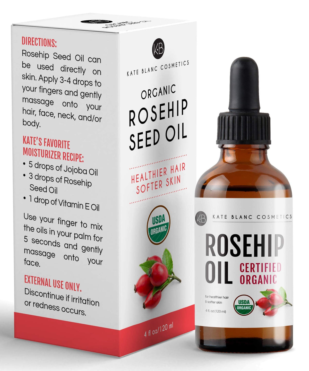 Kate Blanc Rosehip Oil with fresh rose petals