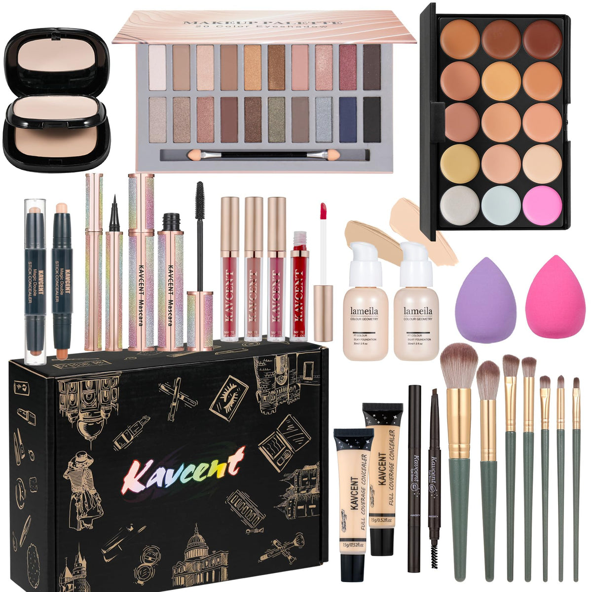 KAVCENT All-in-One Makeup Set front view with 20 eyeshadow palette
