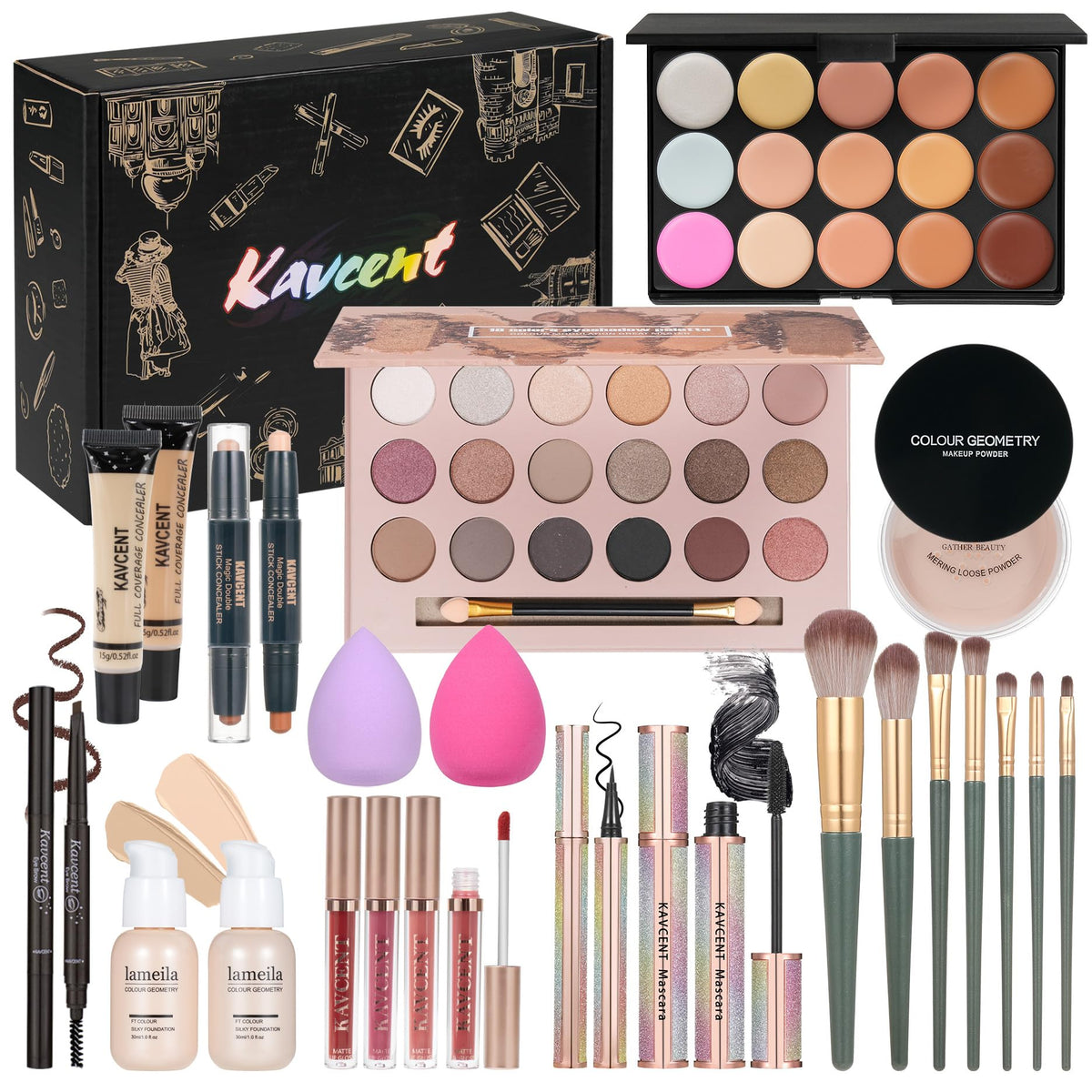 KAVCENT Makeup Kit full view with 18 colour eyeshadow palette