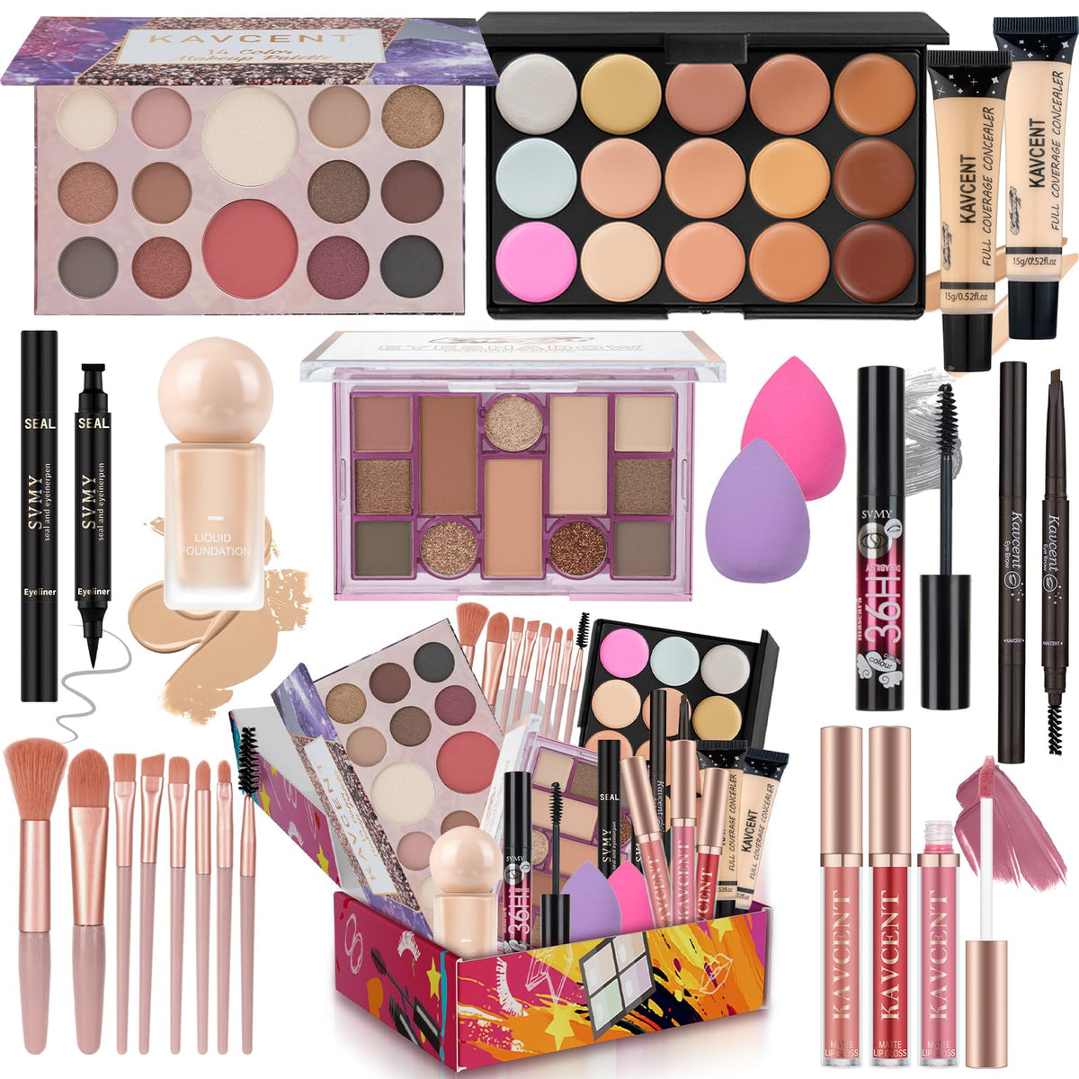 KAVCENT Makeup Kit full view with eyeshadow palette and brushes