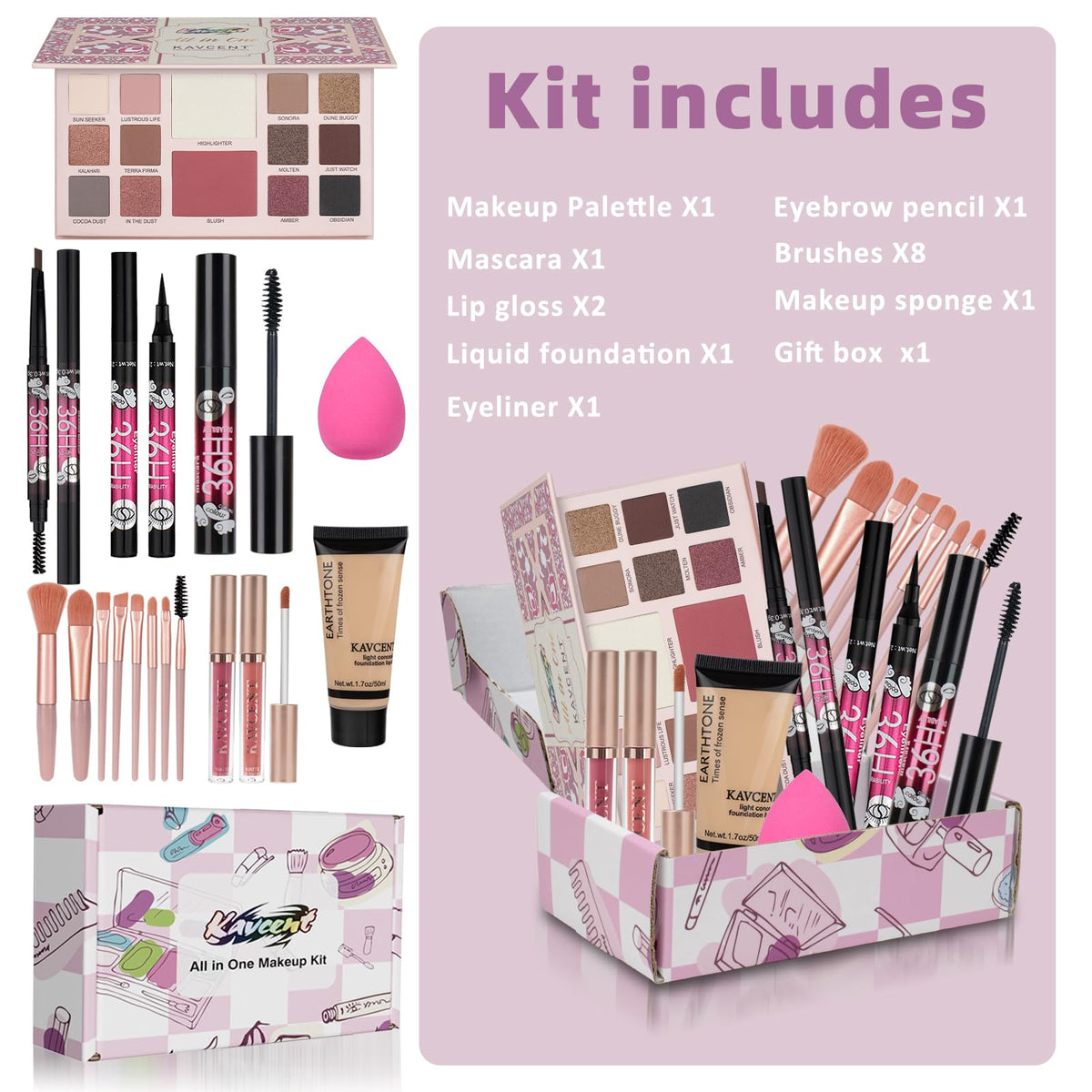 KAVCENT Makeup Kit lip gloss and foundation close-up