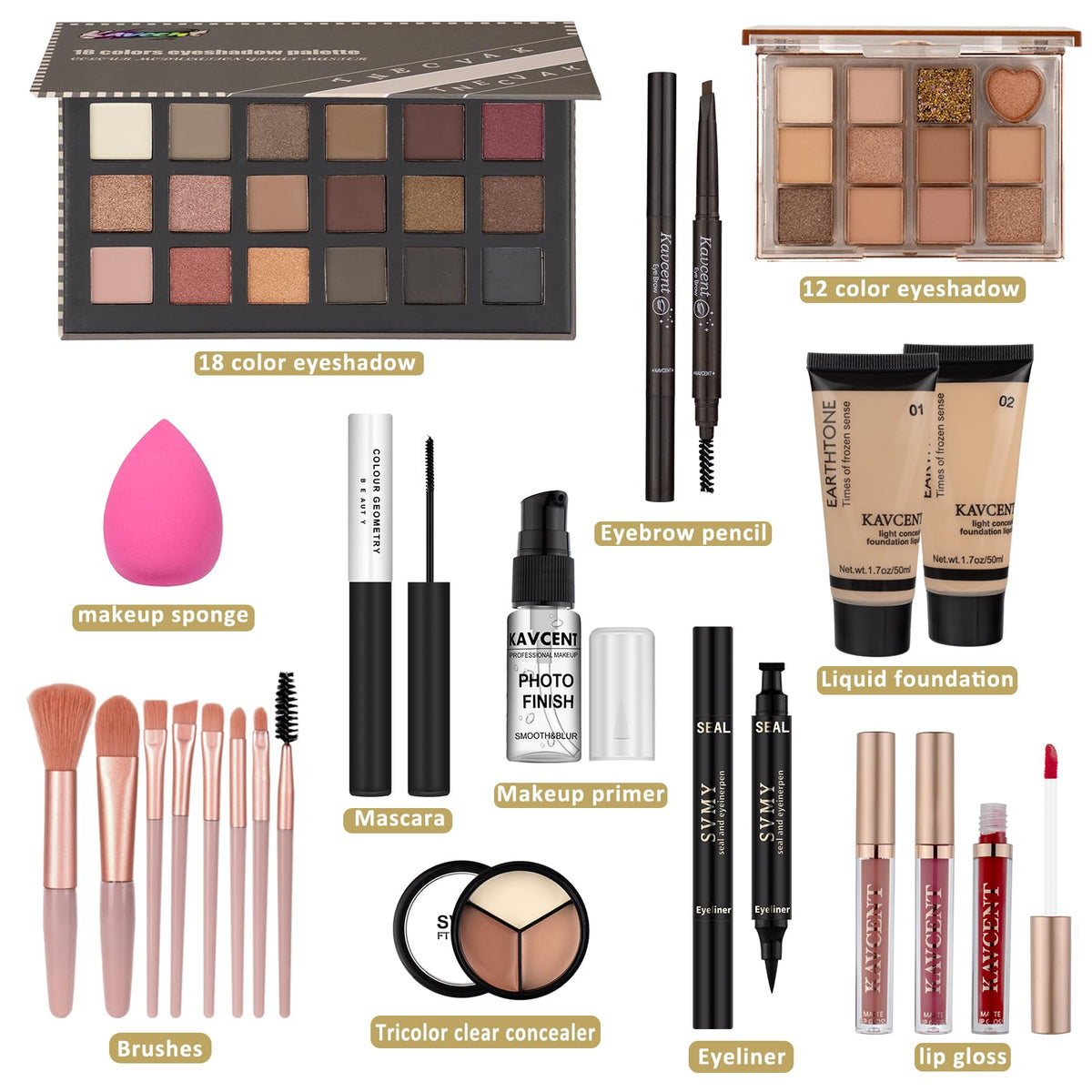KAVCENT Makeup Kit lip gloss and liquid foundation close-up