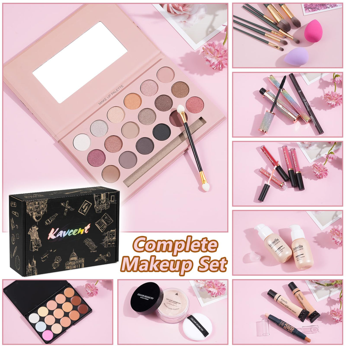 KAVCENT Makeup Kit neatly arranged with all components