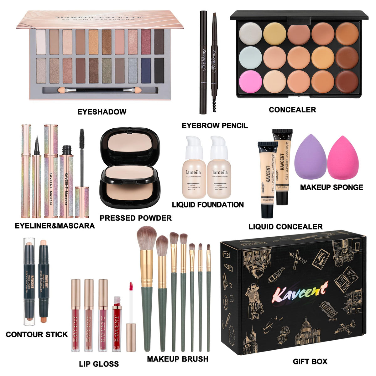 KAVCENT makeup set showing foundation and concealer