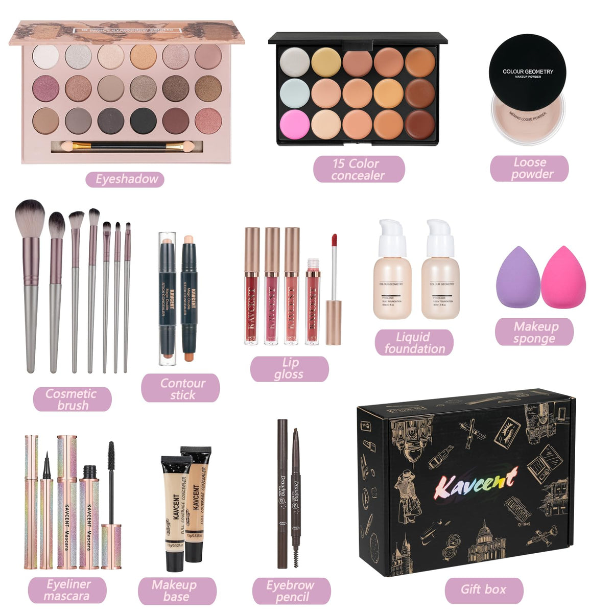KAVCENT Makeup Set with lip gloss, mascara, and brushes