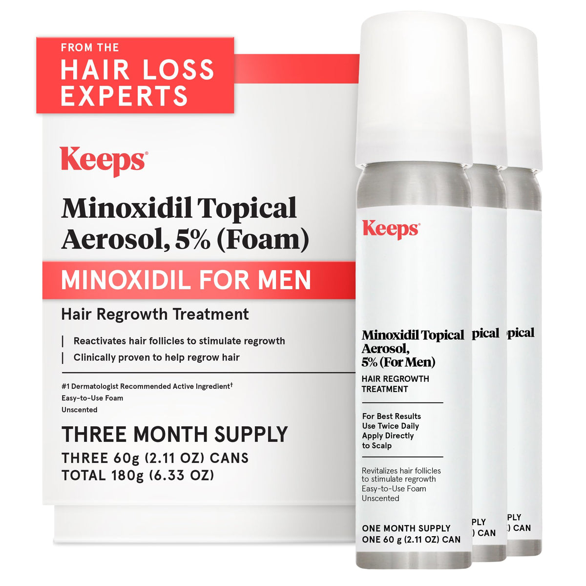Keeps Minoxidil Foam 5% three bottles front view