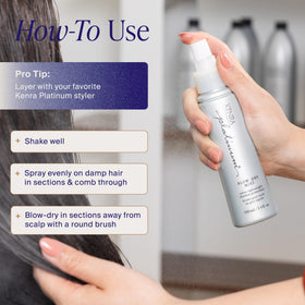 Kenra Platinum Blow-Dry Mist on a vanity with hair tools