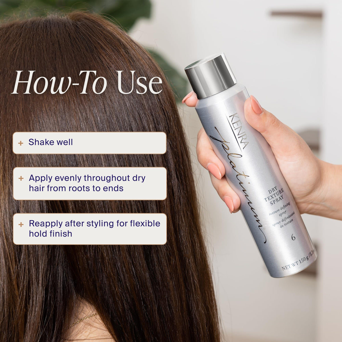 Kenra Platinum Dry Texture Spray 6 held in hand showing size