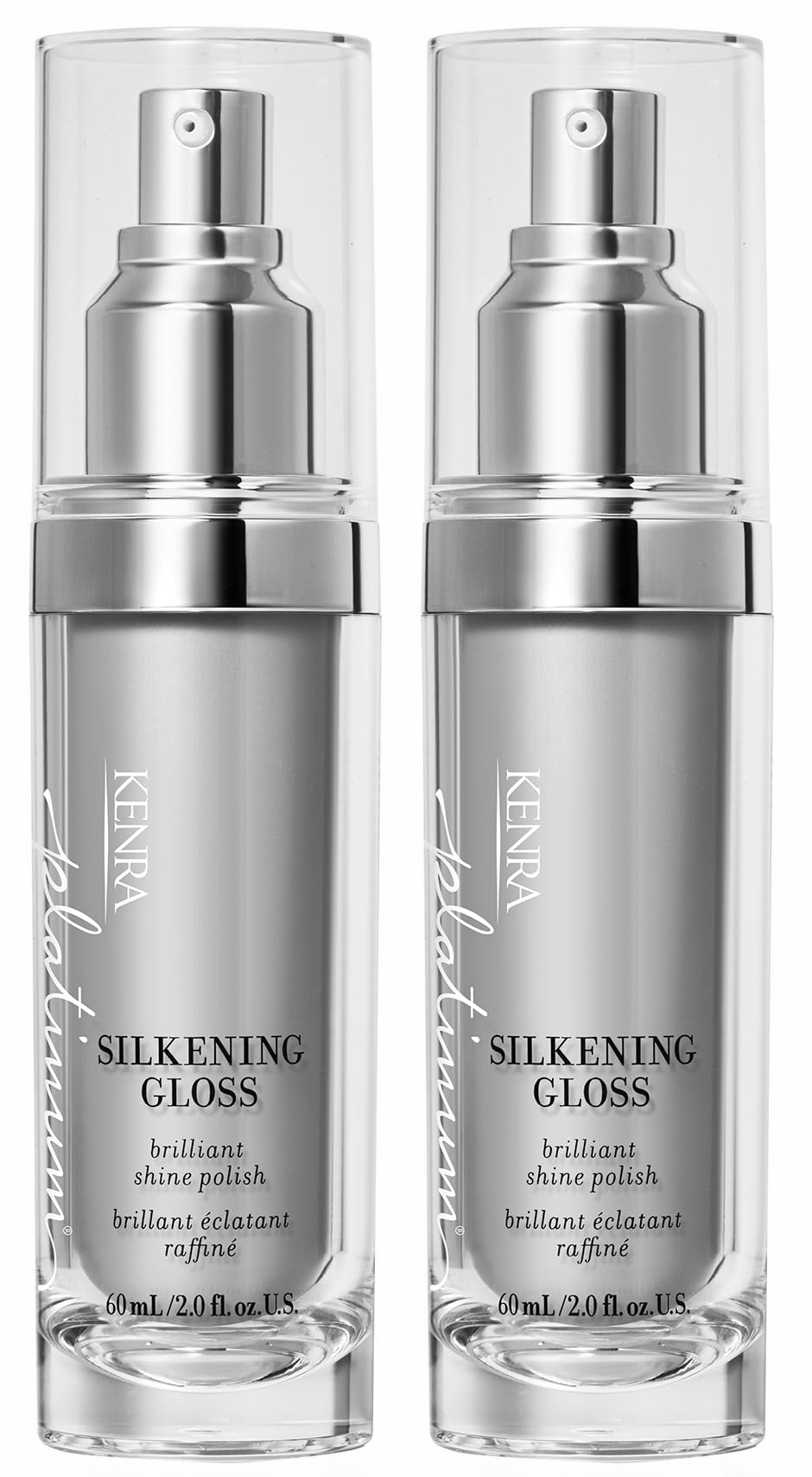 Kenra Platinum Silkening Gloss 2-pack front view with bottles