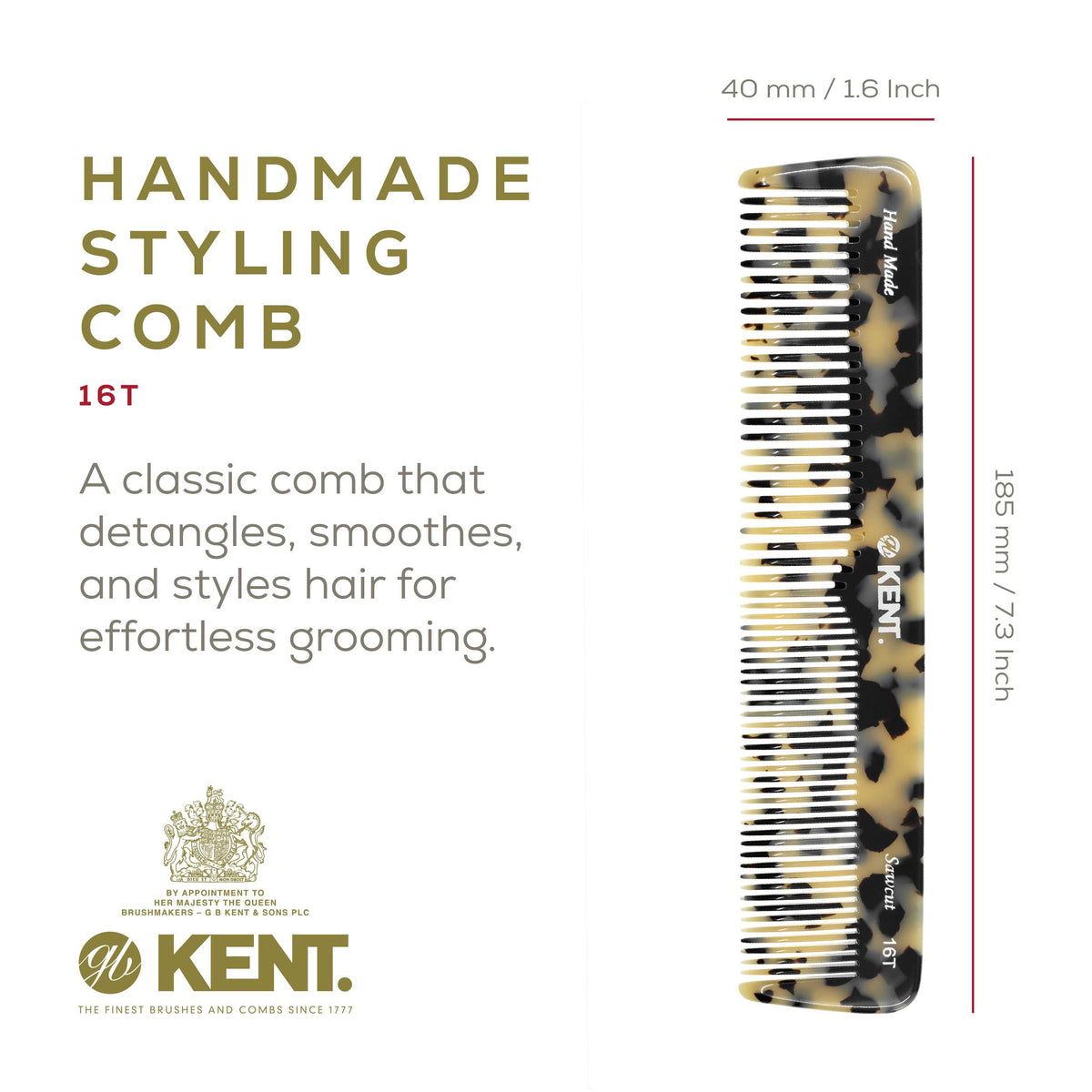 KENT 16T Hair Comb showing saw-cut design and rounded teeth