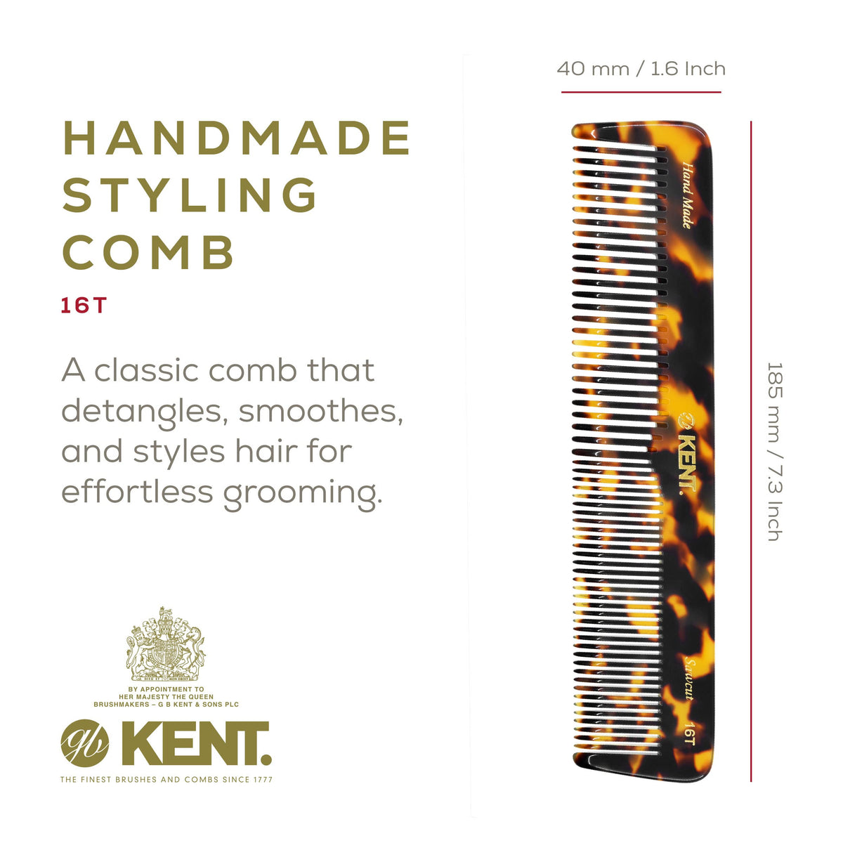 KENT 16T Hair Comb side view showcasing its length