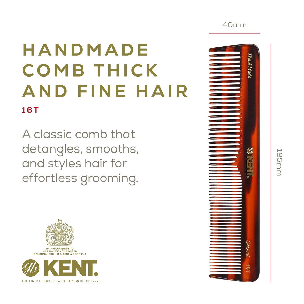 KENT 16T Tortoise Comb side view showing length and design
