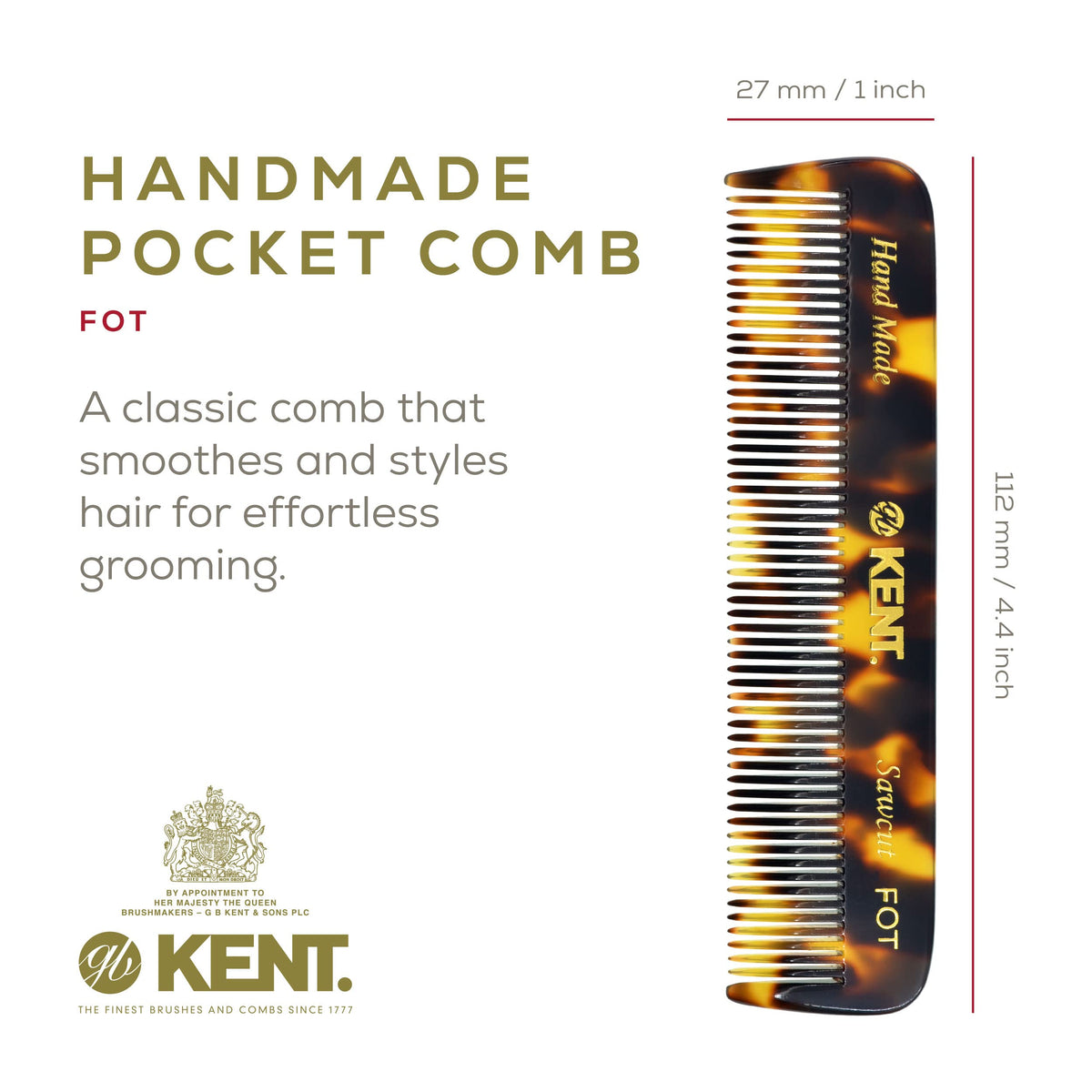 KENT Fine Tooth Comb side view showing its compact size