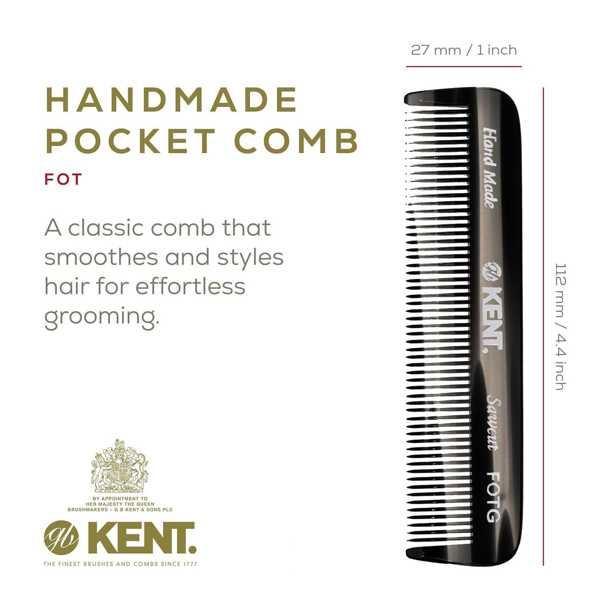 KENT Fine Tooth Comb side view with rounded teeth