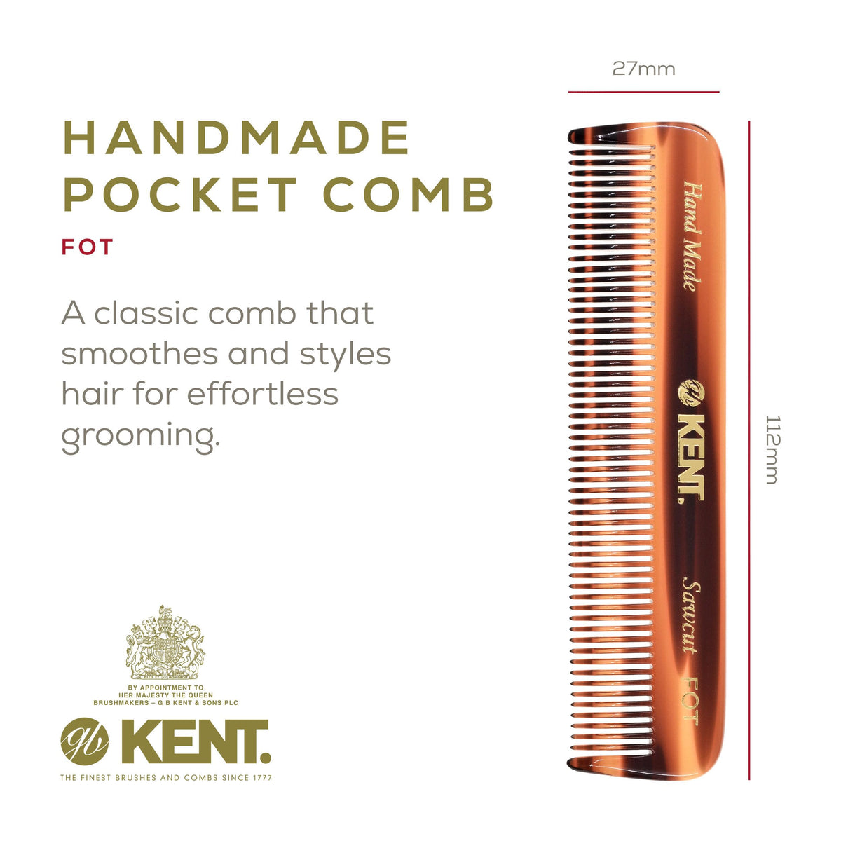 KENT Tortoise Fine Tooth Pocket Comb side view