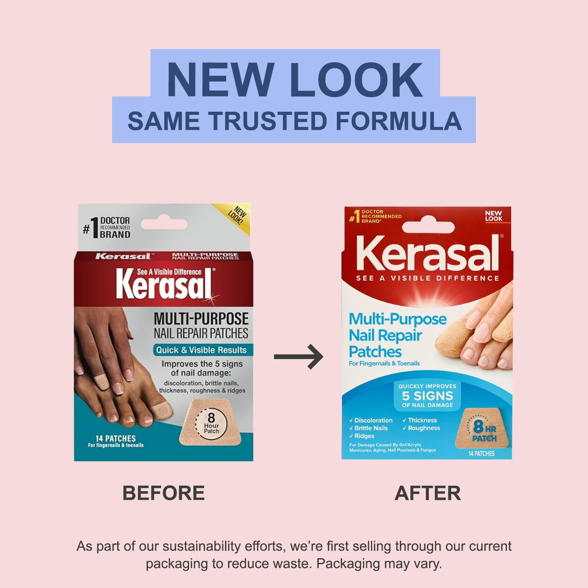 Kerasal patches displayed on a bathroom counter