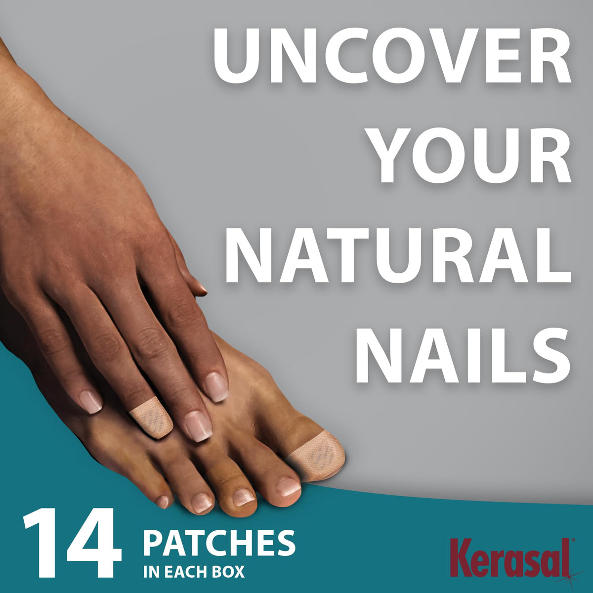 Kerasal patches displayed with a hand and nail care setup