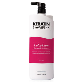 Keratin Complex Color Care Shampoo and Conditioner duo on a bathroom shelf