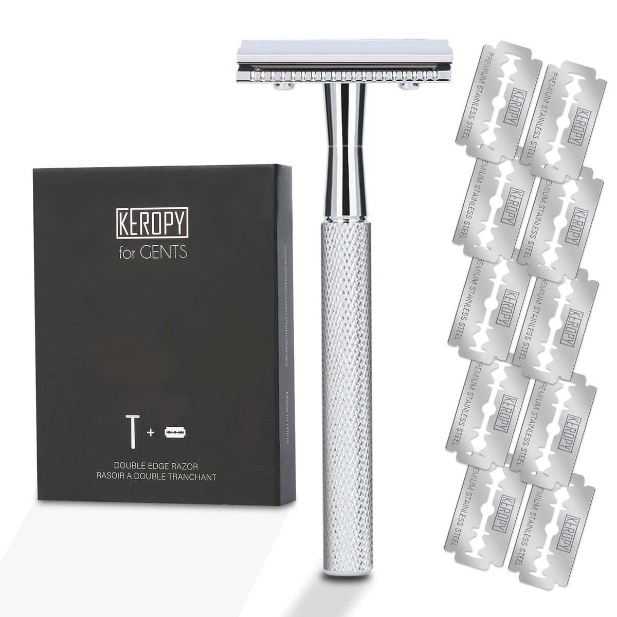 Keropy Single Blade Safety Razor front view with glossy silver finish