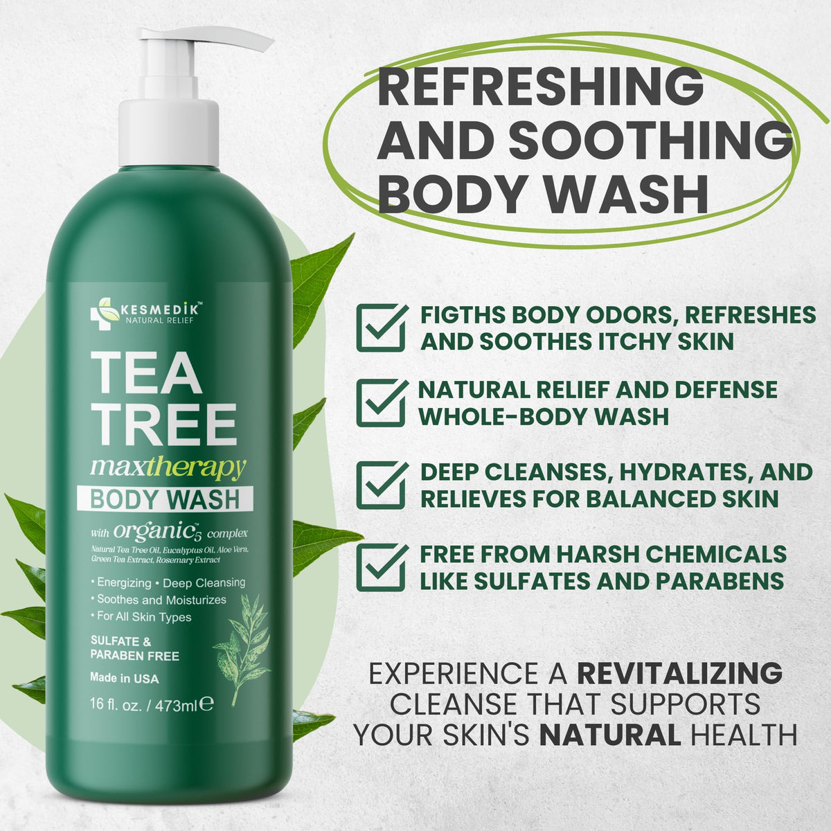 KESMEDIK Tea Tree Body Wash 16 Fl Oz back view