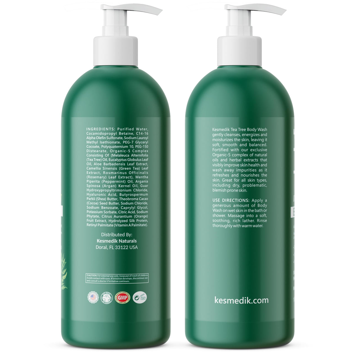 KESMEDIK Tea Tree Body Wash ingredients list on packaging