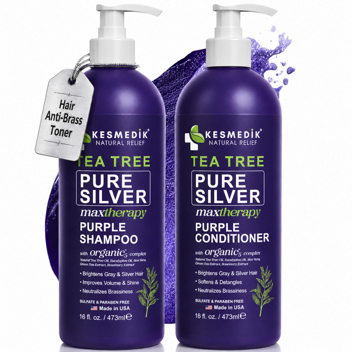 KESMEDIK Tea Tree Purple Shampoo and Conditioner Set front view